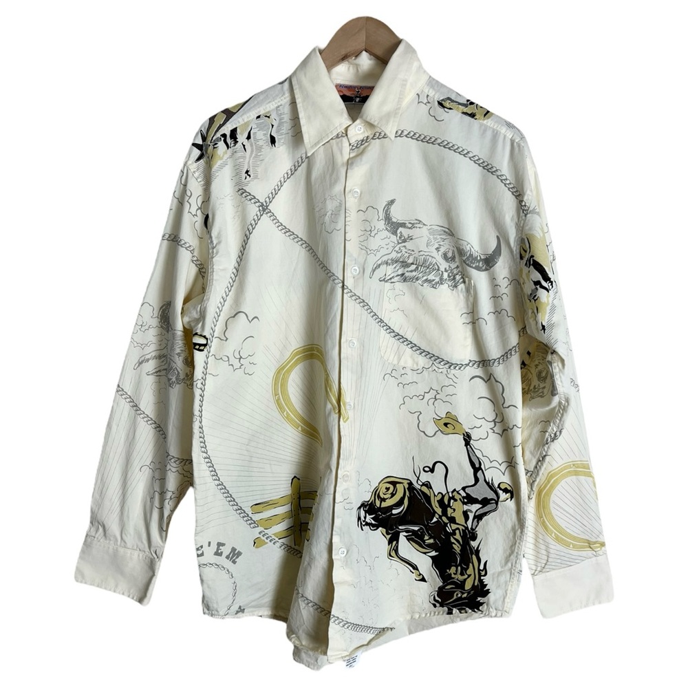 Rodeo Rider Western Shirt Mens Medium Cowboy Ranching Print Button Up